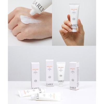 Tubo de creme branco EARLY BALM pro, embalagem branca com texto laranja e preto, aplicação e composição do produto em fundo branco.