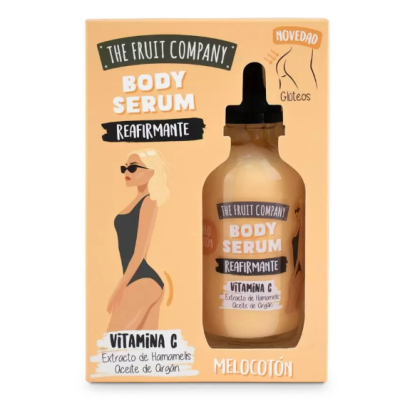 Embalagem de body serum peach da The Fruit Company com frasco âmbar e texto em branco e preto