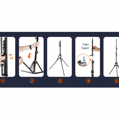 Passos para montar um tripé preto com tubo suave em fundo azul escuro