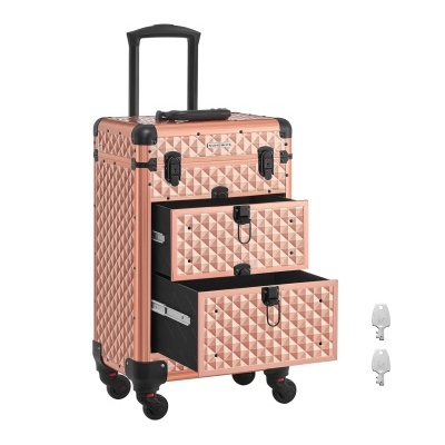 Mala de viagem rígida rosa com gavetas e rodízios