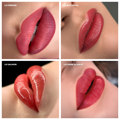 Quatro imagens de lábios femininos com batons vermelhos em diferentes tons e acabamentos, com texto indicando os nomes dos tons.