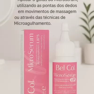 Frasco e caixa rosa do Bel Col Microsérum LIPS com instruções de aplicação em português