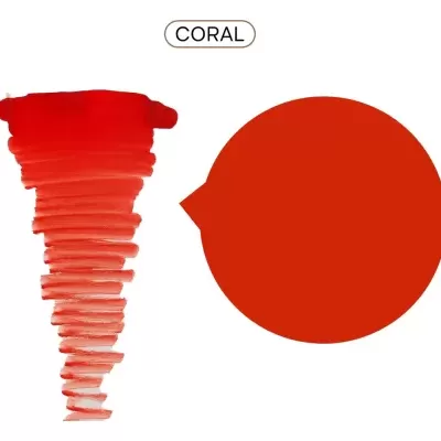 Amostra de cor coral com textura de pinceladas e círculo sólido sobre fundo branco