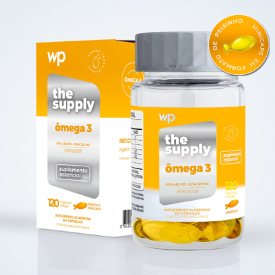Frasco e embalagem de suplemento alimentar the supply ômega 3 da marca wp com cápsulas amarelas.
