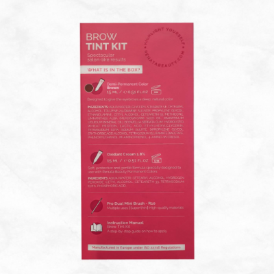 Embalagem rosa de kit de tintura para sobrancelhas com texto detalhado em inglês