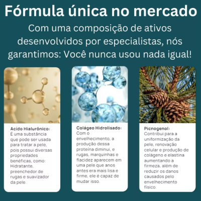 Imagem com texto sobre fórmula única e componentes ácido hialurónico, colágeno hidrolisado e picnogenol com imagens ilustrativas.