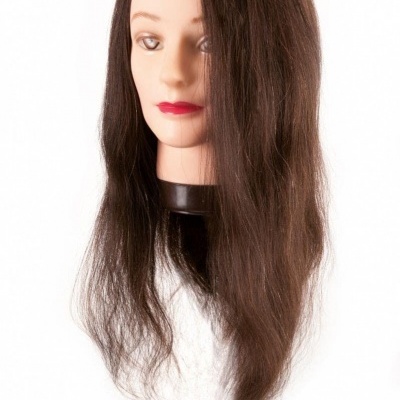 Cabeça manequim para treino com cabelo castanho escuro longo e liso