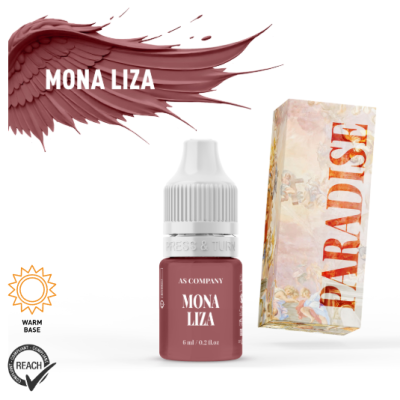 Frasco pequeno de 6ml de pigmento castanho Mona Liza com embalagem Paradise e fundo branco