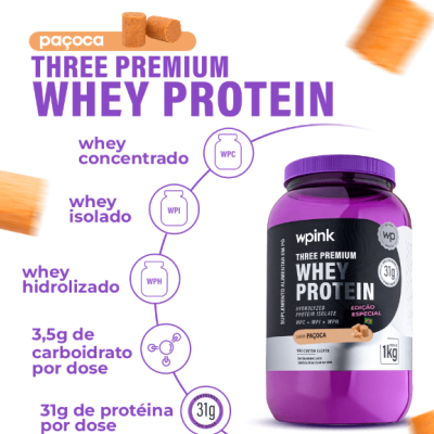 Embalagem roxa de suplemento Whey Protein sabor paçoca com texto informativo