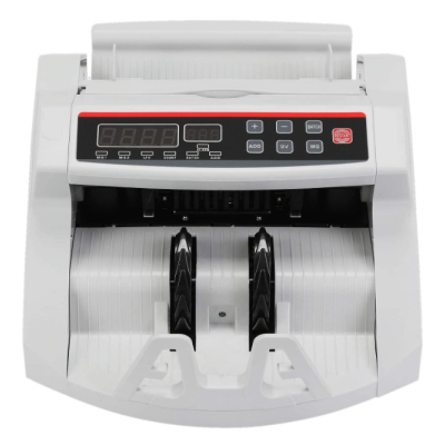 Máquina contadora de notas branca com visor digital e botões de controlo