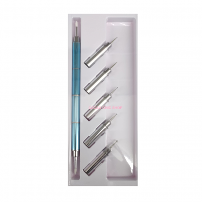 Conjunto de ferramentas com caneta azul metálica e cinco pontas finas metálicas em embalagem transparente