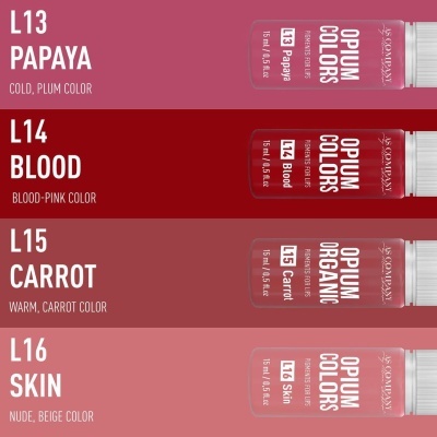 Cuatro frascos de pigmentos labiais Opium Colors con colores papaya, blood, carrot y skin