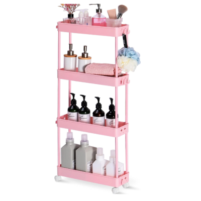 Estante organizadora rosa com produtos de cuidados pessoais e rodas