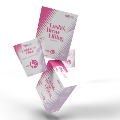 Embalagens do produto Lash & Brow Lifting da marca PINKFLASH em branco e rosa