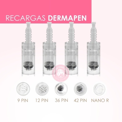 Recargas Dermapen com diferentes quantidades de agulhas, fundo rosa e texto identificado
