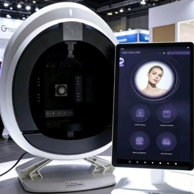 Dispositivo de análise de pele branco com tela digital colorida em exposição