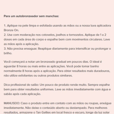 Instruções de uso de autobronzeador em texto em português europeu