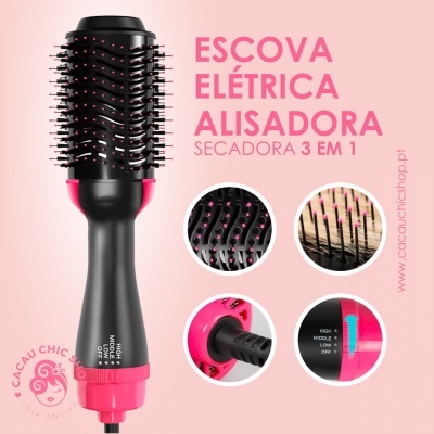 Escova elétrica alisadora e secadora preta e rosa com cerdas e texto informativo