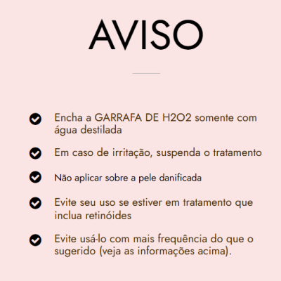 Aviso com instruções para uso de H2O2 com ícones de seleção preta e fundo rosa claro