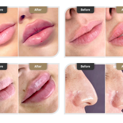 Antes e depois de tratamentos de lábios e nariz em quatro pares de fotos close-up