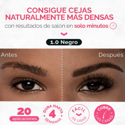 Imagem promocional mostrando sobrancelhas antes e depois, com texto em espanhol sobre produto para cejas