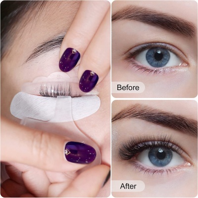 Aplicação e resultados de extensão de pestanas num olho azul