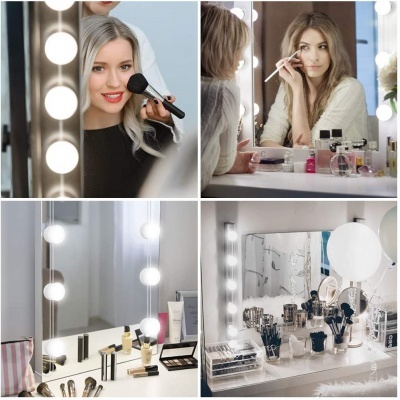 Quatro fotos mostrando mulheres a maquilhar-se e mesas de maquilhagem organizadas com luzes ao redor de espelhos.