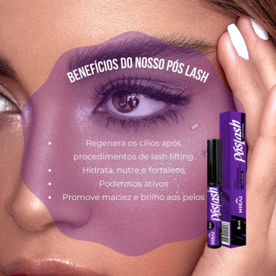 Produto Póslash para cílios com texto de benefícios em destaque no rosto de mulher