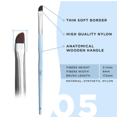 Pincel azul claro com cabo de madeira e fibras sintéticas, com texto técnico ao lado