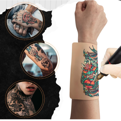 Braço com pele sintética cor bege para prática de tatuagem e tatuagem colorida sendo feita