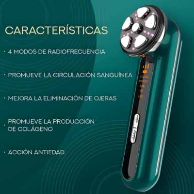 Dispositivo portátil de tratamento de pele com luzes LED e texto em espanhol sobre características