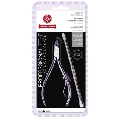 Conjunto profissional Mundial para unhas com alicate e espátula em embalagem