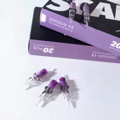 Cartucho de agulhas transparente e roxo com embalagem roxa e preta