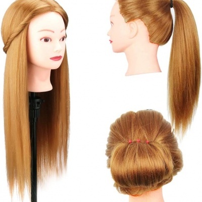 Cabeça de manequim para treino de cabeleireiro com cabelo castanho em diferentes penteados