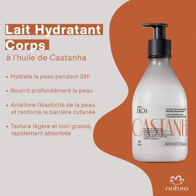 Frasco branco fosco de loção corporal com tampa de bomba preta da Natura Ekos em fundo laranja e branco