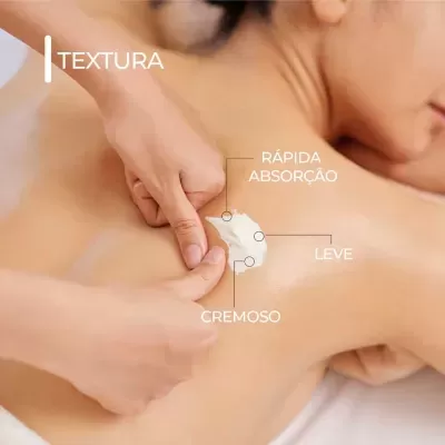 Pessoa a receber aplicação de creme branco nas costas por mãos, com texto sobre textura e absorção