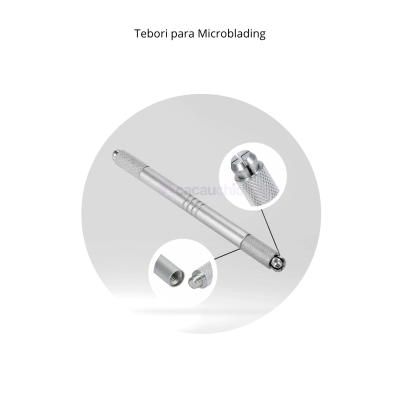 Instrumento metálico prateado para microblading com tampas rosqueáveis