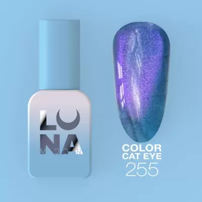 Frasco de verniz azul claro com amostra de verniz cat eye em tons azul e roxo