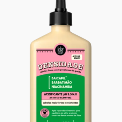 Frasco creme com tampa preta e rótulo rosa e verde com texto Densidade cabelos finos e com problemas de queda