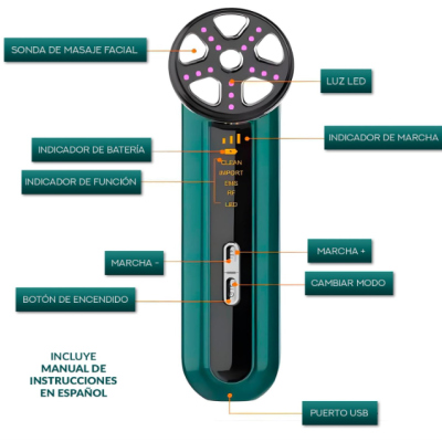 dispositivo de massagem facial verde e preto com indicadores e botões