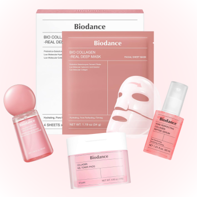 Produtos de cuidados de pele Biodance em embalagem rosa e branca