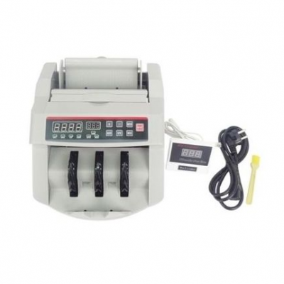 Máquina de contar notas bancárias cinzenta com visor digital e teclado de botões