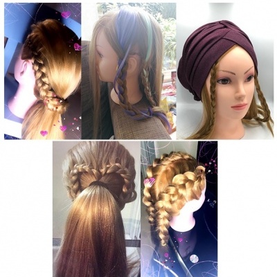 Collage de cinco imagens de manequins com diferentes penteados trançados e uma touca roxa.