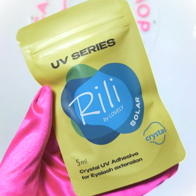 Embalagem amarela de adesivo UV cristal para extensão de pestanas Rili by Lovely