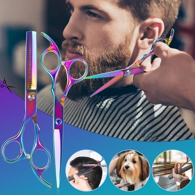 Conjunto de tesouras coloridas para corte de cabelo e tosquia