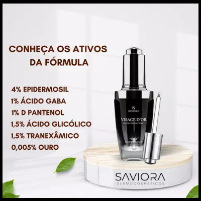 Frasco preto e prateado VISAGE D'OR da SAVIORA com aplicador e fórmula do produto escrita ao lado
