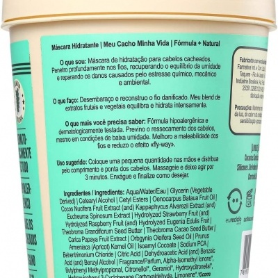 Frasco de máscara hidratante para cabelo cacheado com rótulo verde e tampa creme