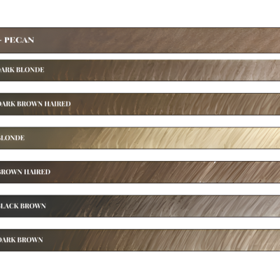 Amostras de cor de cabelo com etiquetas de nomes e códigos.