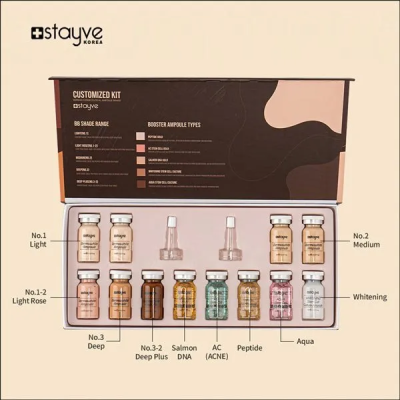 Kit personalizado stayve Korea com 12 ampolas coloridas em bandeja branca e tampa castanha