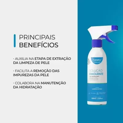 Frasco de solução emoliente com pulverizador azul em fundo azul e texto sobre benefícios